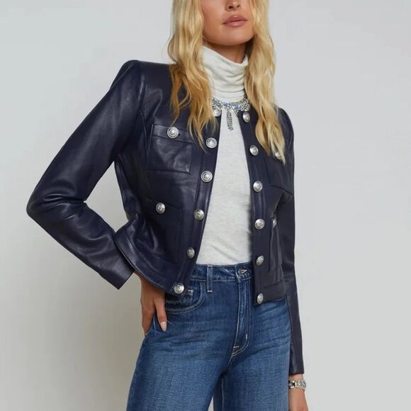 NEW L’Agence Jayde Lamb Leather Jacket Midnight Blue Size 2